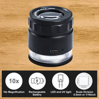 ILJL-446 Rechargeable 10x Magnification Scale Loupe, K9 Optical Glass with LED / UV Lighting and Adjustable Focal Length for Jewelry, Coins, Stamps, and Small Objects - Instrulife