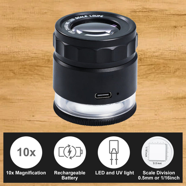 ILJL-446 Rechargeable 10x Magnification Scale Loupe, K9 Optical Glass with LED / UV Lighting and Adjustable Focal Length for Jewelry, Coins, Stamps, and Small Objects - Instrulife