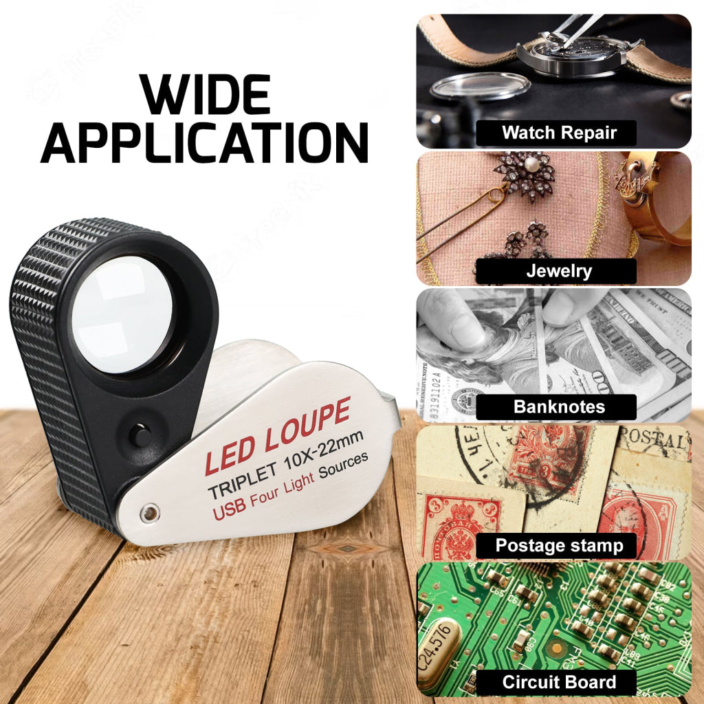ILJL-535 Gem Loupe 10X or 30X Magnification Rechargeable LED Loupe Triplet Lens UV / Warm / Natural / White Light Stainless Steel Magnifier for Jewelry, Watch, Jewelry Inspection - Instrulife