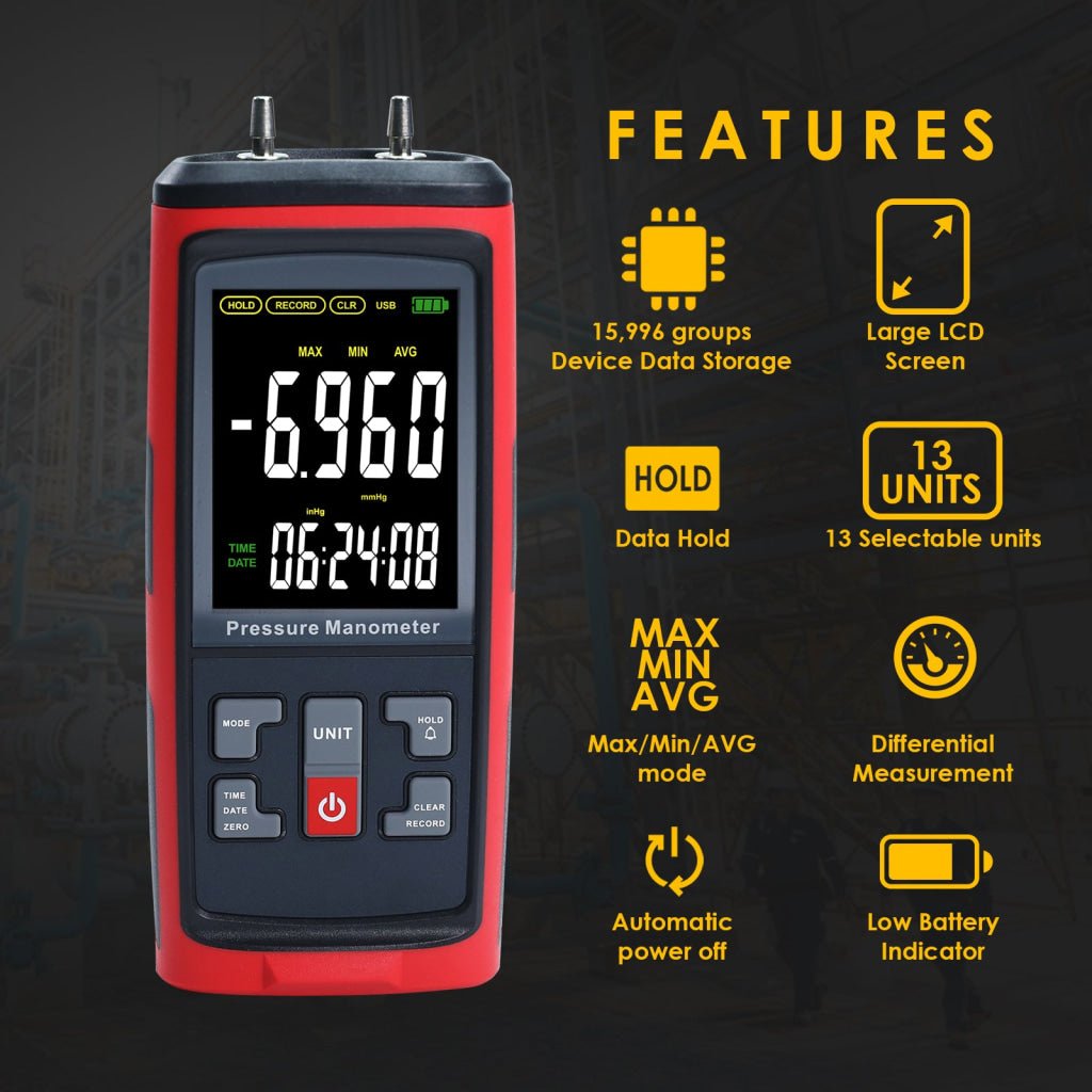 ILMA-420 Differential Pressure Manometer with ±50 kPa Kilopascal Measuring Range for Pneumatic, Compressor, Valves, Tanks, Pump Installations, HVAC Heating Ventilation and Air Conditioning Systems - Instrulife
