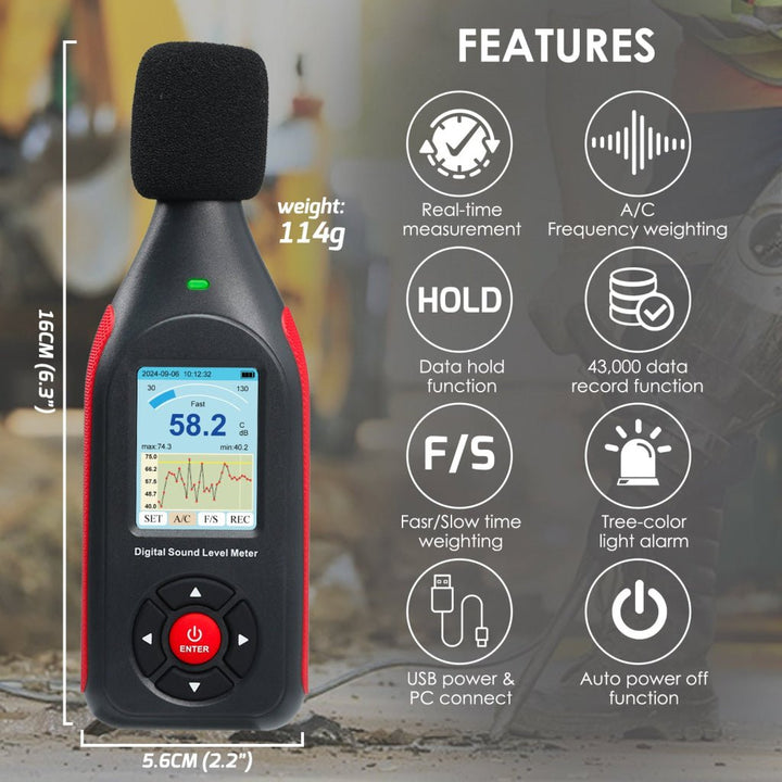 ILSM-441 Decibel Meter Datalogger Sound Level Tester Noise Decibel Reader Monitor SPL Meter with 43,000 Data Record, Visual Alarm, A/C Weighted, PC Connection Colored Screen Display for Home, Classroom, Traffic Noise Monitoring etc. - Instrulife