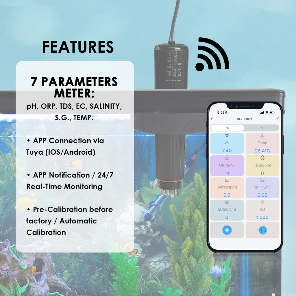 ILWQ-527 Smart WIFI Water Quality Monitor Multi-Parameter Aquarium Monitor pH, Temperature, TDS, EC (Conductivity), Salinity, S.G, and ORP for Hydroponics, Aquarium, Fish Tank, Aquaculture - Instrulife