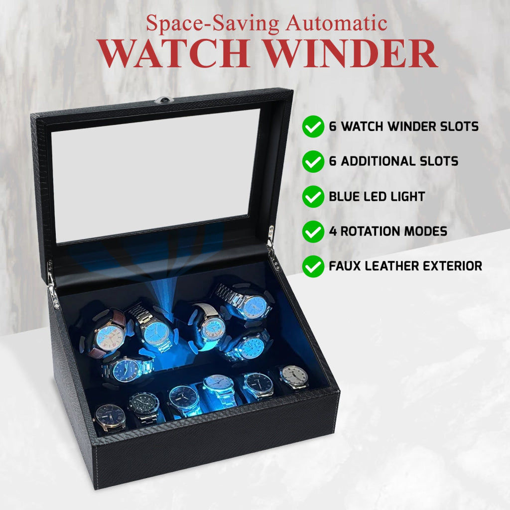 ILWW-436 Watch Winder for Automatic Watches, 6 Watches with LED Backlight, Quiet Motor, Multiple Rotation Modes, Storage Compartments & Smart Open-Lid Stop Technology for Lady & Man - Instrulife
