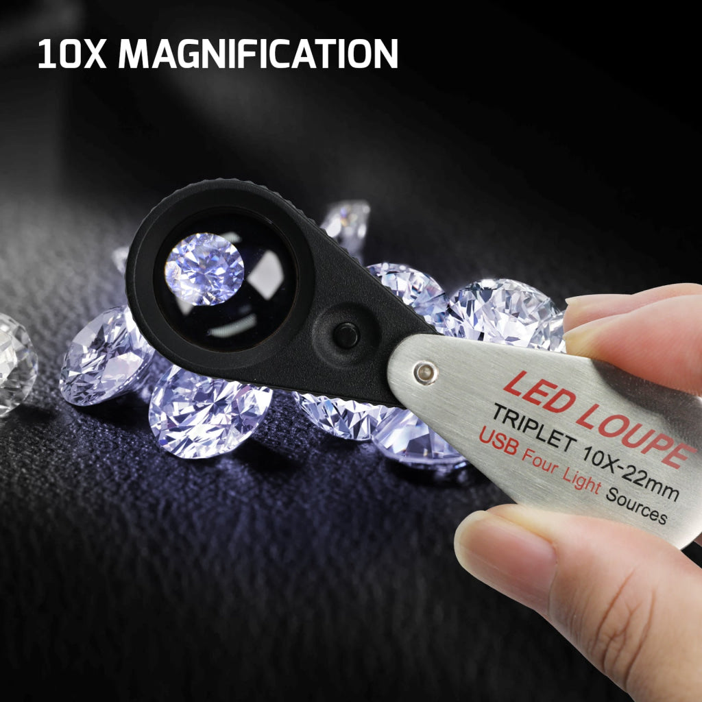 ILJL-535 Gem Loupe 10X or 30X Magnification Rechargeable LED Loupe Triplet Lens UV / Warm / Natural / White Light Stainless Steel Magnifier for Jewelry, Watch, Jewelry Inspection - Instrulife
