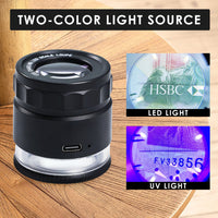 ILJL-446 Rechargeable 10x Magnification Scale Loupe, K9 Optical Glass with LED / UV Lighting and Adjustable Focal Length for Jewelry, Coins, Stamps, and Small Objects - Instrulife
