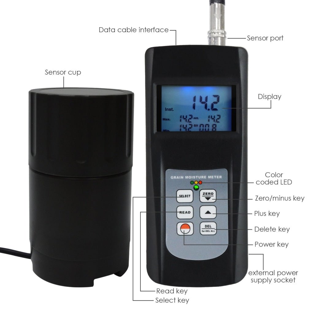 ILMM-868GG Digital 0~50% Grain Moisture Meter Tester Handheld with Case LED Indicator Checker Cup Sensor for 36 Species Seed Rice Coffee Soya Bean Wheat Corn Hygrometer Humidity - Instrulife