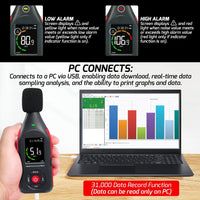 ILSM-442 Sound Level Meter Datalogger Decibel Noise Tester SPL Monitor with 31,000 Data Record Function, Visual Hi | Low Alarm A | C Weighted Colored Screen Display for Home, Classroom, Traffic Noise Monitoring etc. - Instrulife