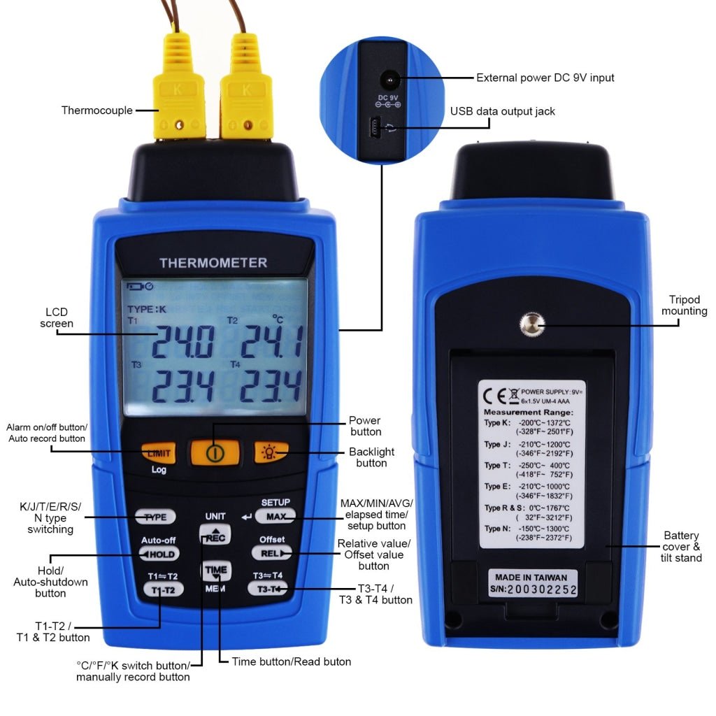 ILTH-747 Digital 4-Channel K /J/ T / E/ R / S/ N Type Thermocouple Thermometer Datalogger 16,800 Data Logging T1/T2, T3/T4 Input Terminal Data Logger - Instrulife