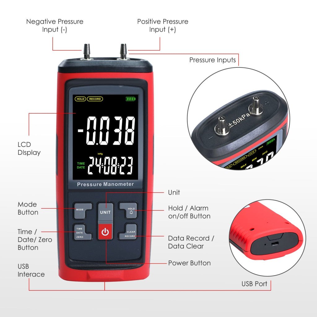 ILMA-420 Differential Pressure Manometer with ±50 kPa Kilopascal Measuring Range for Pneumatic, Compressor, Valves, Tanks, Pump Installations, HVAC Heating Ventilation and Air Conditioning Systems - Instrulife