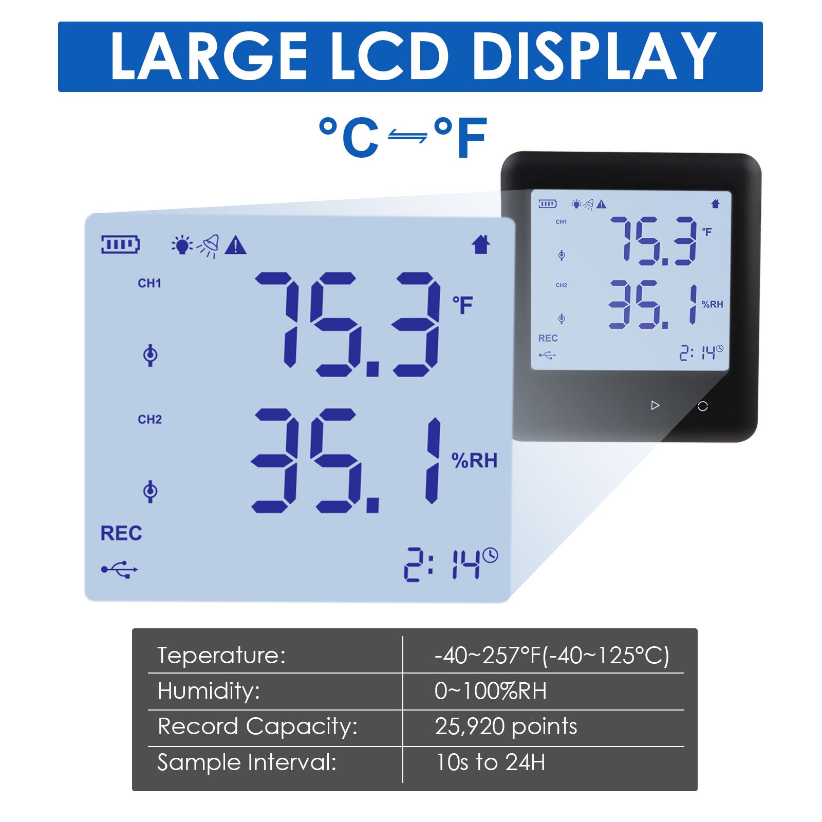 ILTH-352 Data Logger Thermo-hygrometer Thermometer Temperature and Humidity Datalogging Measurement 25,920 Groups of Reading High Low Alarm with PC Software and Calendar Display - Instrulife