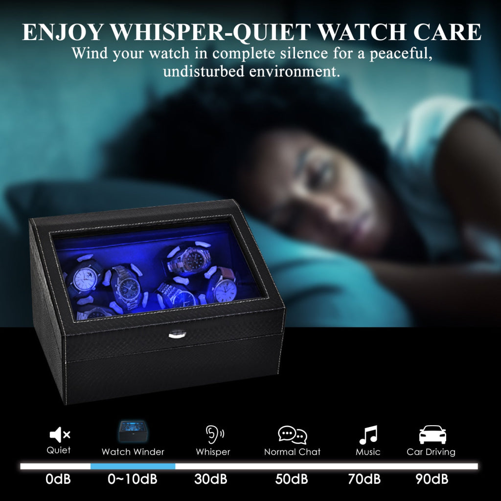 ILWW-436 Watch Winder for Automatic Watches, 6 Watches with LED Backlight, Quiet Motor, Multiple Rotation Modes, Storage Compartments & Smart Open-Lid Stop Technology for Lady & Man - Instrulife