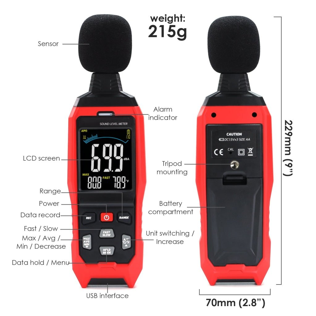 ILSM-390 Decibel Meter with Data Logging function and A / C / Z Weighted Sound Meter Portable SPL Meter MAX/MIN/AVG, Data Hold Use for Home, Factory, Noisy Neighbor - Instrulife