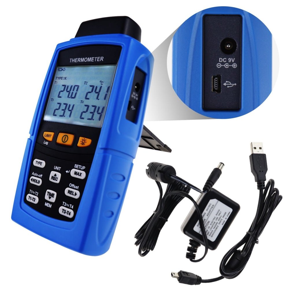 ILTH-747 Digital 4-Channel K /J/ T / E/ R / S/ N Type Thermocouple Thermometer Datalogger 16,800 Data Logging T1/T2, T3/T4 Input Terminal Data Logger - Instrulife