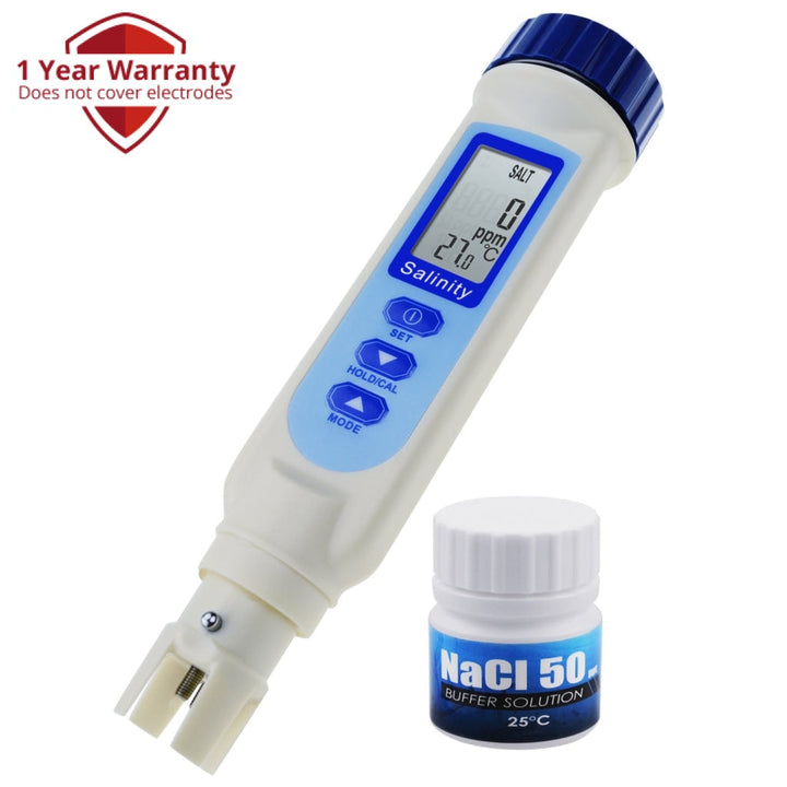ILWQ-50_SOL Pen Type Salinity & Temperature Meter ATC w/ Calibration Solution Set ppm / ppt / % / S.G. 4 Units, Salt NaCl Water Quality Tester for Saltwater Aquarium Pond Hydroponics Food Test - Instrulife
