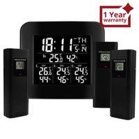 ILWS-288 Digital Wireless Weather Station Indoor Outdoor Temperature and Humidity Measure Hygrometer 3 Sensor, °C/°F Black LED Light Display, Alarm Clock Function - Instrulife
