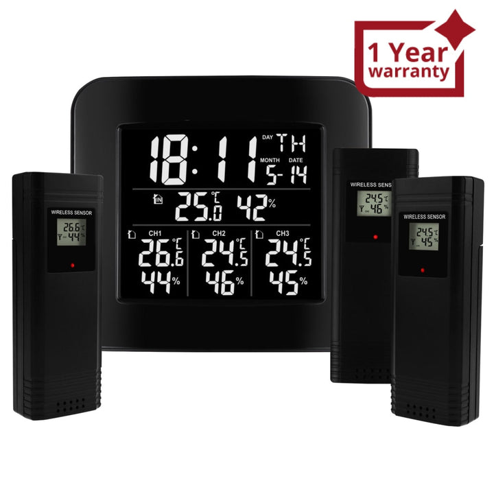 ILWS-288 Digital Wireless Weather Station Indoor Outdoor Temperature and Humidity Measure Hygrometer 3 Sensor, °C/°F Black LED Light Display, Alarm Clock Function - Instrulife