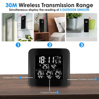 ILWS-288 Digital Wireless Weather Station Indoor Outdoor Temperature and Humidity Measure Hygrometer 3 Sensor, °C/°F Black LED Light Display, Alarm Clock Function - Instrulife
