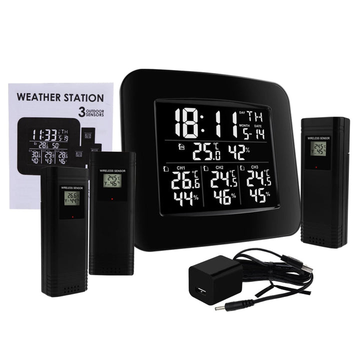 ILWS-288 Digital Wireless Weather Station Indoor Outdoor Temperature and Humidity Measure Hygrometer 3 Sensor, °C/°F Black LED Light Display, Alarm Clock Function - Instrulife