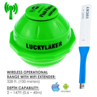 ILFF-10_EXT LUCKY Portable Wireless WIFI Fish Finder For Android & iOS 45M Depth & 70M WIFI Range, With 50M WIFI Extender, Rechargeable Battery, Smart Fish Detector with Free Neoprene Bag, for Boats, Rig, Ocean, River, Kayak for Fresh and Salt Water - Instrulife