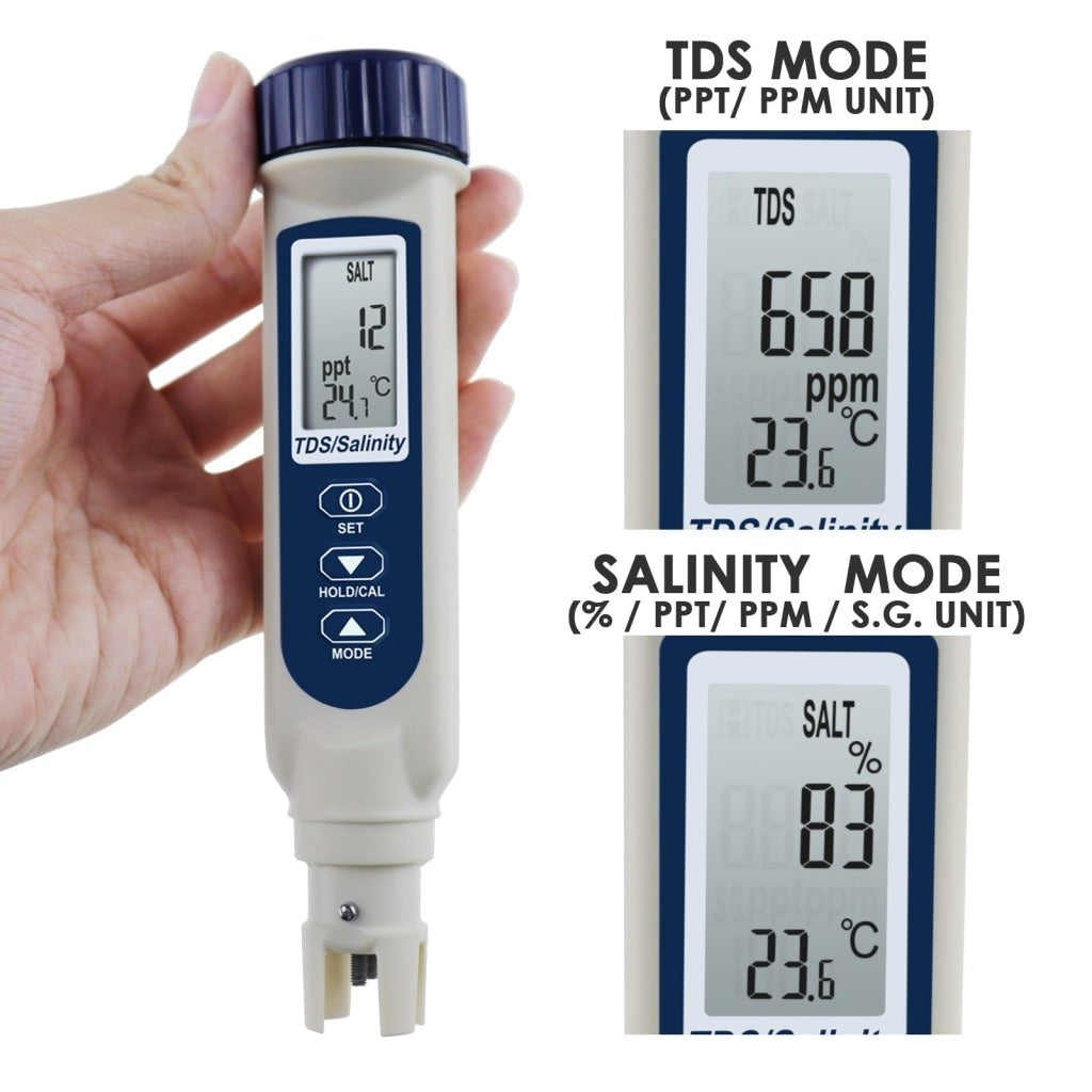 ILWQ-837_3 Pentype TDS / Salinity / Temperature Tester Water Quality Meter ATC Multiple Units (ppt, ppm, S.G., %, °C, °F) Digital Tool for Saltwater Monitoring & Testing IP65 Waterproof Housing - Instrulife
