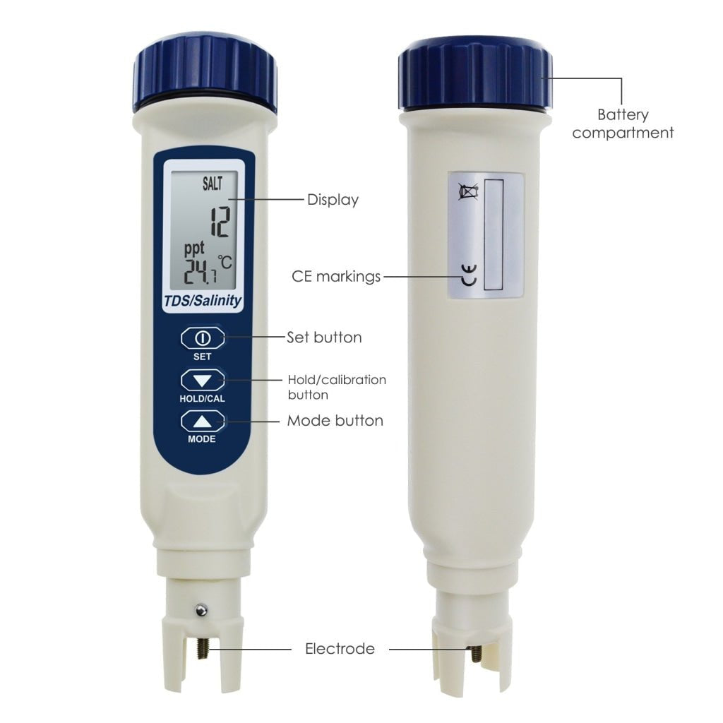 ILWQ-837_3 Pentype TDS / Salinity / Temperature Tester Water Quality Meter ATC Multiple Units (ppt, ppm, S.G., %, °C, °F) Digital Tool for Saltwater Monitoring & Testing IP65 Waterproof Housing - Instrulife