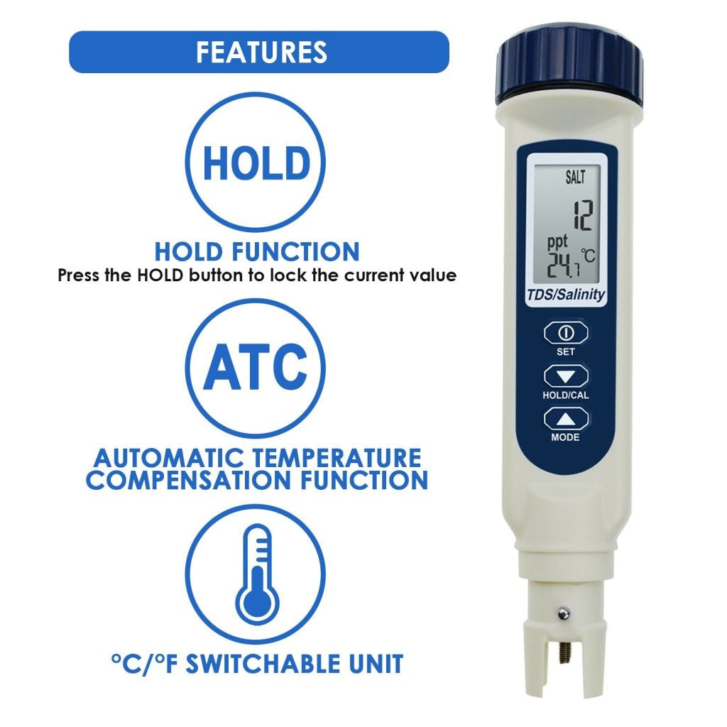 ILWQ-837_3 Pentype TDS / Salinity / Temperature Tester Water Quality Meter ATC Multiple Units (ppt, ppm, S.G., %, °C, °F) Digital Tool for Saltwater Monitoring & Testing IP65 Waterproof Housing - Instrulife