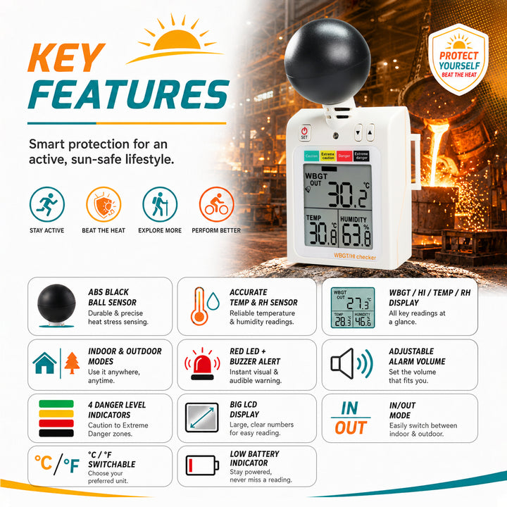 ILTH-296 Wearable 2-in-1 WBGT + HI Heat Index Checker Wet Bulb Globe Temperature Heat Stress Meter Air Globe Temperature Humidity Tester with Dangerous Level Indicator Audible Alarm