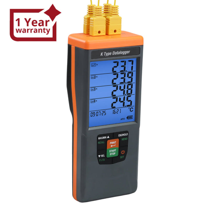 ILTH-88594 GLP-Compliant K-Type Thermocouple Data Logger: High-Accuracy Temperature Meter (-328°F to 2498°F / -200°C to 1370°C) with 48,000-Point Datalogging, CSV Export & Alarms, Portable/Wall-Mountable, Flexible IR Printing (Optional) - Instrulife