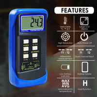 ILTH-830_2P Digital 2 Channels K-Type Thermometer w/ 4 Thermocouples (Wired & Stainless Steel), -50~1300°C (-58~2372°F) Handheld Desktop High Temperature Kelvin Scale Dual Measurement Meter Sensor - Instrulife