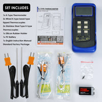 ILTH-830_2P Digital 2 Channels K-Type Thermometer w/ 4 Thermocouples (Wired & Stainless Steel), -50~1300°C (-58~2372°F) Handheld Desktop High Temperature Kelvin Scale Dual Measurement Meter Sensor - Instrulife