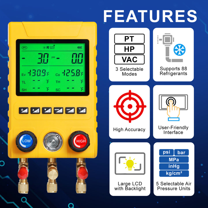 ILMT-549 Digital Refrigerant Manifold Gauge Set 800PSI HVAC Pressure Tester with LCD, Leak Test & Multi-Refrigerant Support