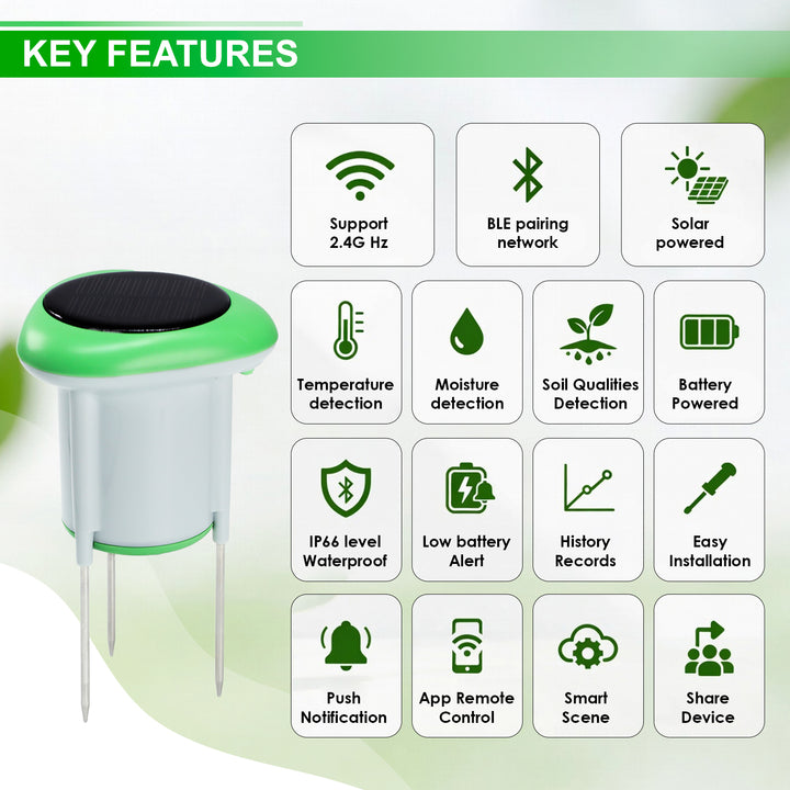 ILSO-545 Smart Solar Soil Sensor Wireless Moisture, Temperature & Conductivity Monitor with Android/iOS App & IP66 Waterproof Rating