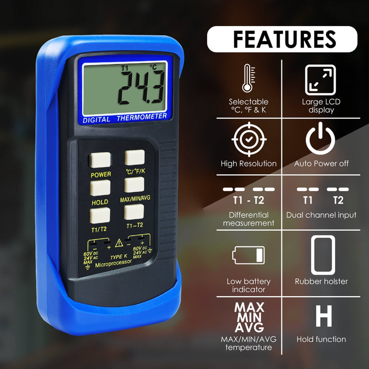 ILTH-315_2P Digital Thermocouple Temperature K Type Thermometer with 4 Probe (Wired & Stainless Steel) Dual Channel High Temperature Kelvin Scale - Instrulife