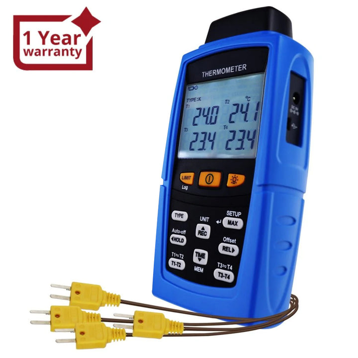 ILTH-747 Digital 4-Channel K / J / T / E / R / S / N Type Thermocouple Thermometer Datalogger 16,800 Data Logging T1/T2, T3/T4 Input Terminal Data Logger