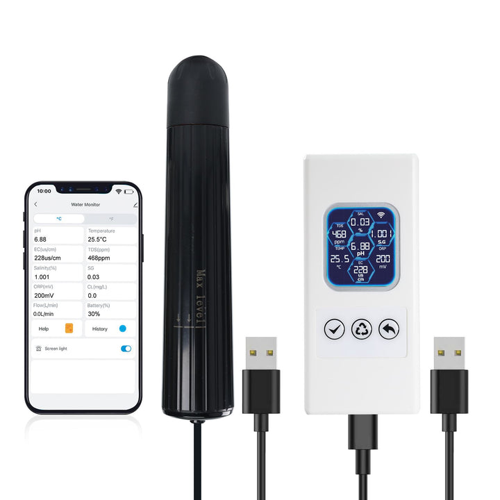 ILWQ-504 Smart Aquarium Water Quality Monitor – 7-in-1 Real-Time Water Tester for pH, Temperature, TDS, EC, Salinity, Specific Gravity & ORP – WiFi Connected with Mobile Alerts