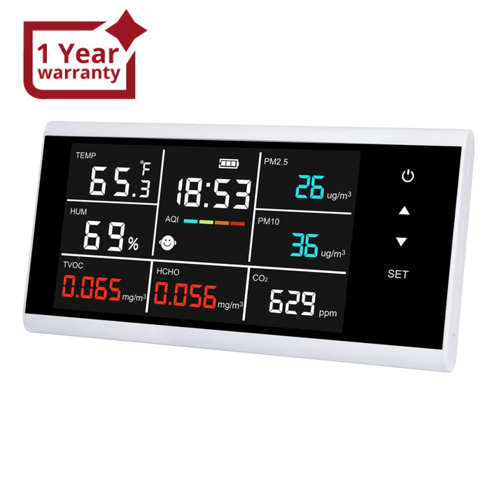 ILAQ-410 Portable 8-in-1 Indoor Air Quality Monitor CO2 / TVOC / HCHO / AQI / PM2.5 / PM10 / Temperature / RH with Time Clock Display in Large Color LCD Screen - Instrulife