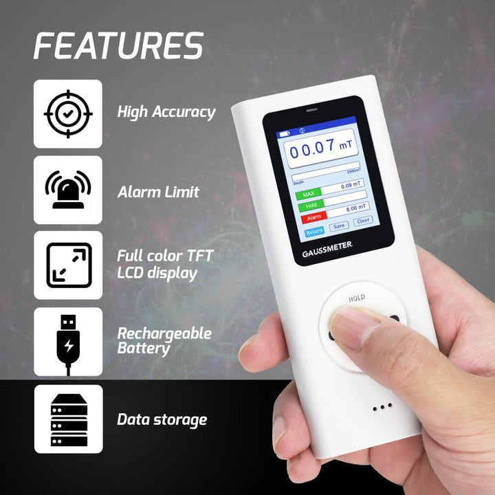 ILEM-506 Digital Gauss Meter / Tesla Meter - High Precision Portable Magnetic Field Detector 0~25k Gs (0~2500 mT) Range for Magnet Testing, Motors & Industrial Applications HD Colored Display with Hall Sensor - Instrulife