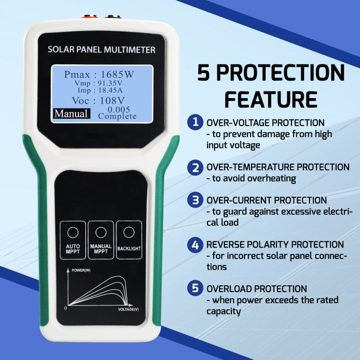 ILEM-509 Solar Panel Meter 5-1800W MPPT Tester with Auto/Manual Detection Voltage, Current, Photovoltaic Panel Multimeter for PV Systems - Instrulife