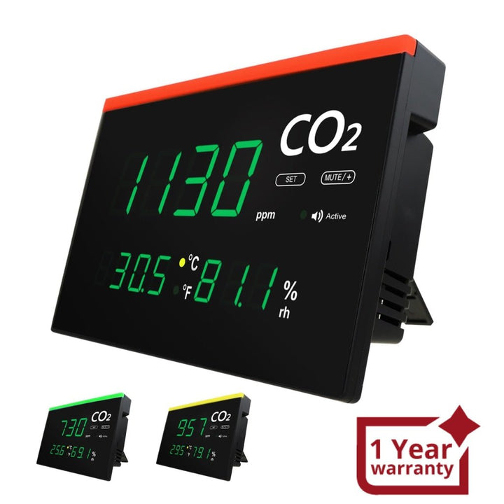 ILAQ-317 Wall Mount / Desktop Stand Indoor Air Quality Monitor Real-time CO2 Detector, Carbon Dioxide & Temperature & Humidity Level with Large LED Screen & Visual Color Warning Light Bar and Audible Alarms - Instrulife