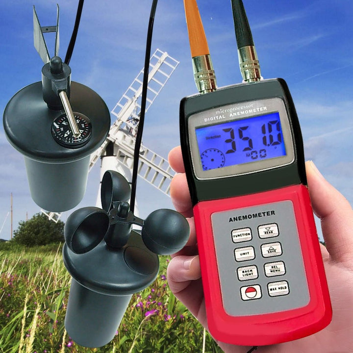 ILAN-701 Digital Multi-function Thermo Anemometer with 3-Cup Type Sensor, Portable Wind Speed Air Flow Gauge, Weather Wind Velocity Direction Tester Meter - Instrulife