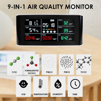 ILAQ-388 Portable 9 in 1 Indoor Air Quality Meter CO2 Monitor Formaldehyde Detector VOC Sensor AQI Index PM2.5 PM10 and Humidity Temp with Time Display Air Monitor Test Kit - Instrulife