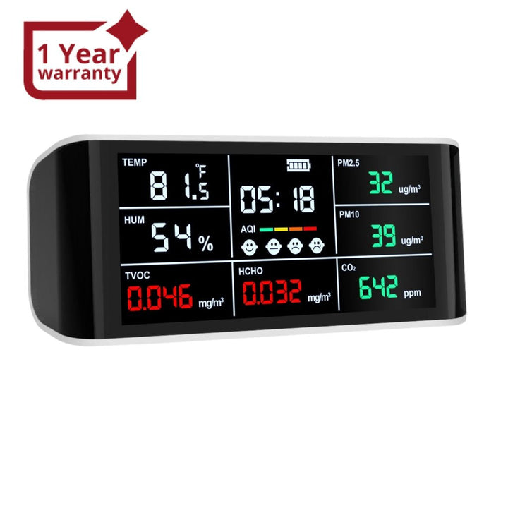 ILAQ-388 Portable 9 in 1 Indoor Air Quality Meter CO2 Monitor Formaldehyde Detector VOC Sensor AQI Index PM2.5 PM10 and Humidity Temp with Time Display Air Monitor Test Kit - Instrulife