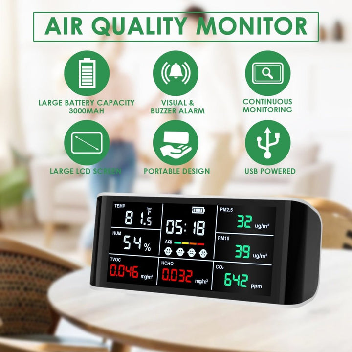 ILAQ-388 Portable 9 in 1 Indoor Air Quality Meter CO2 Monitor Formaldehyde Detector VOC Sensor AQI Index PM2.5 PM10 and Humidity Temp with Time Display Air Monitor Test Kit - Instrulife