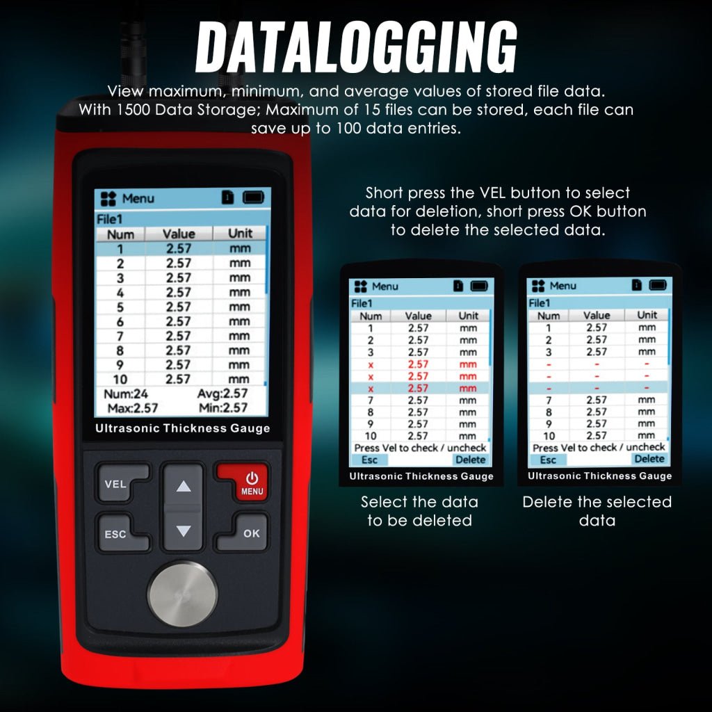 ILTM-444 Professional Thickness Gauge Ultrasonic Thickness Meter Datalogger 1.0~300.0mm (0.03~11.8inches) Record 1500 Data MAX|MIN|AVE Reading Colored Screen for Steel, Metal, Ceramics etc. Measurement - Instrulife