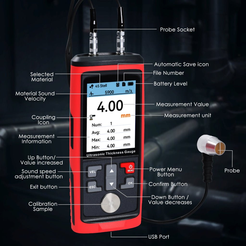 ILTM-444 Professional Thickness Gauge Ultrasonic Thickness Meter Datalogger 1.0~300.0mm (0.03~11.8inches) Record 1500 Data MAX|MIN|AVE Reading Colored Screen for Steel, Metal, Ceramics etc. Measurement - Instrulife