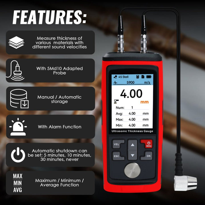 ILTM-444 Professional Thickness Gauge Ultrasonic Thickness Meter Datalogger 1.0~300.0mm (0.03~11.8inches) Record 1500 Data MAX|MIN|AVE Reading Colored Screen for Steel, Metal, Ceramics etc. Measurement - Instrulife