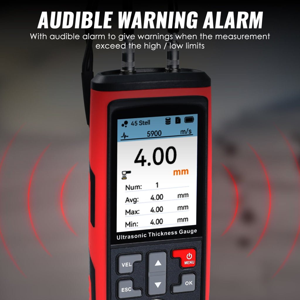 ILTM-444 Professional Thickness Gauge Ultrasonic Thickness Meter Datalogger 1.0~300.0mm (0.03~11.8inches) Record 1500 Data MAX|MIN|AVE Reading Colored Screen for Steel, Metal, Ceramics etc. Measurement - Instrulife