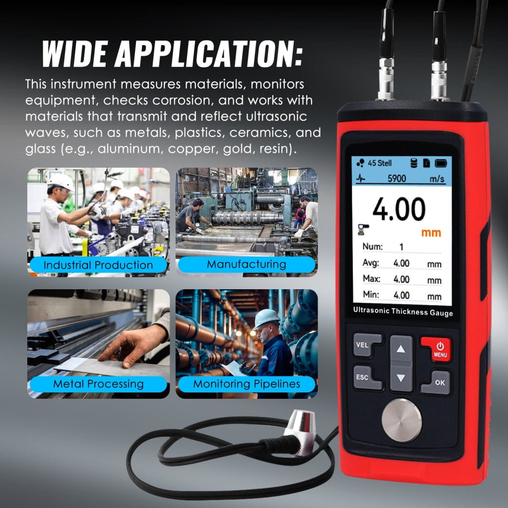 ILTM-444 Professional Thickness Gauge Ultrasonic Thickness Meter Datalogger 1.0~300.0mm (0.03~11.8inches) Record 1500 Data MAX|MIN|AVE Reading Colored Screen for Steel, Metal, Ceramics etc. Measurement - Instrulife
