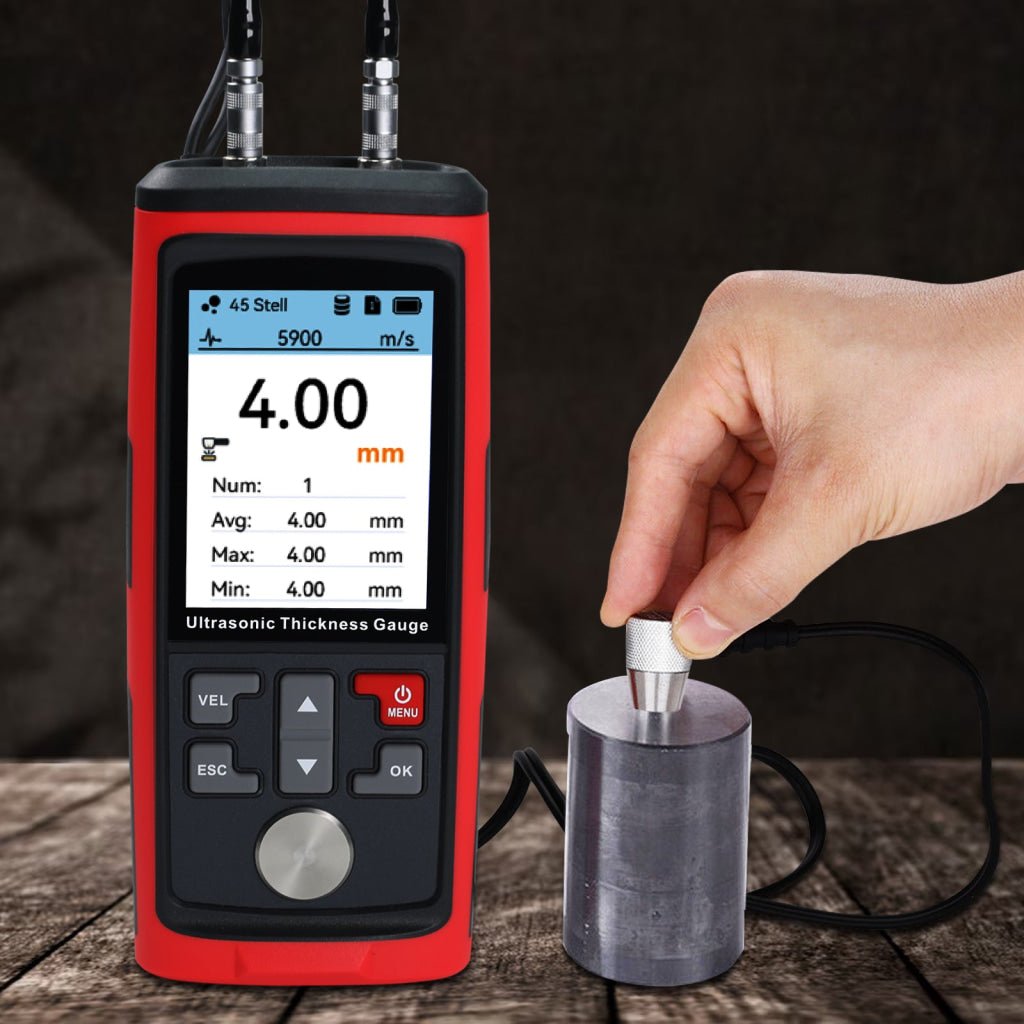 ILTM-444 Professional Thickness Gauge Ultrasonic Thickness Meter Datalogger 1.0~300.0mm (0.03~11.8inches) Record 1500 Data MAX|MIN|AVE Reading Colored Screen for Steel, Metal, Ceramics etc. Measurement - Instrulife