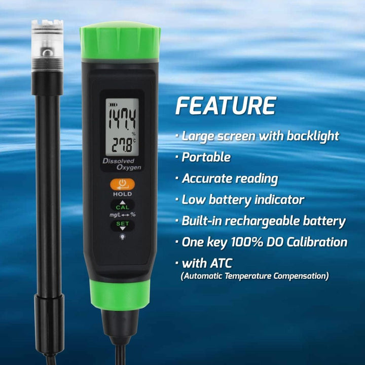 ILWQ-383 Digital Rechargeable DO Meter Dissolved Oxygen Tester with Floating Probe Long Cable Electrode, ATC - Instrulife